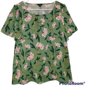 Ann Taylor Factory Green and Floral Short Sleeve Blouse With Square Neckline